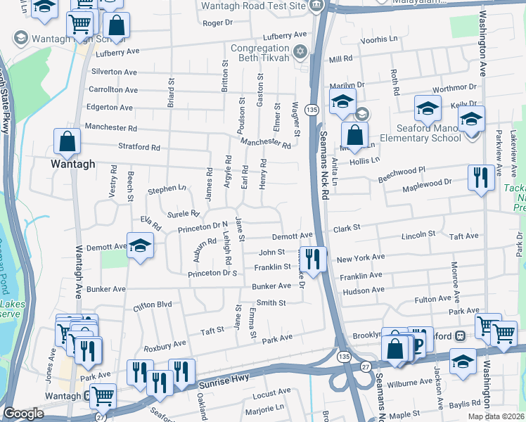 map of restaurants, bars, coffee shops, grocery stores, and more near 1630 Temple Drive in Wantagh