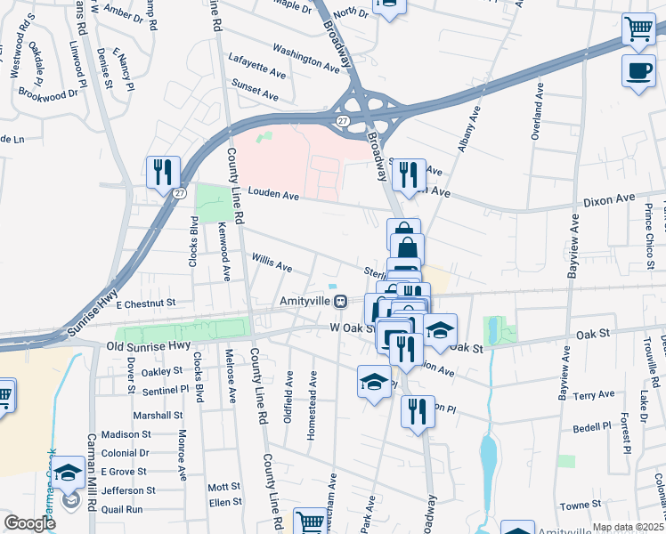 map of restaurants, bars, coffee shops, grocery stores, and more near 80 Sterling Place in Amityville