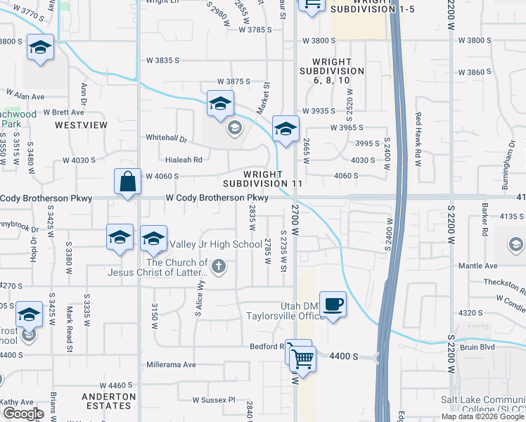 map of restaurants, bars, coffee shops, grocery stores, and more near 2800 West 4135 South in West Valley City