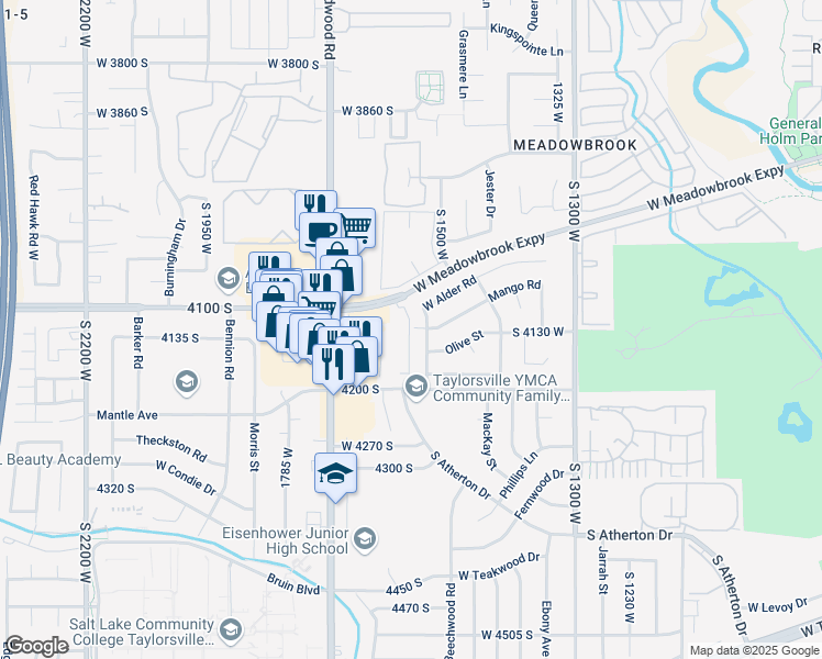 map of restaurants, bars, coffee shops, grocery stores, and more near 4176 South Oak Meadows Drive in Taylorsville