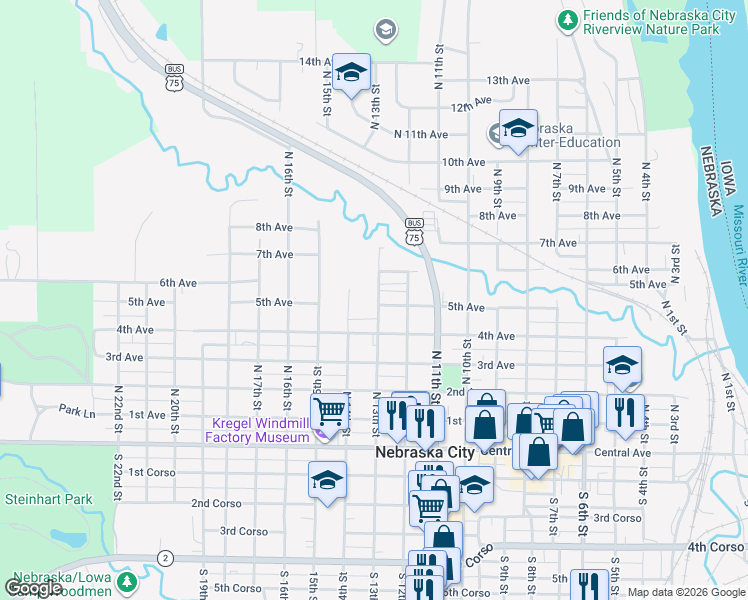 map of restaurants, bars, coffee shops, grocery stores, and more near 602 North 14th Street in Nebraska City