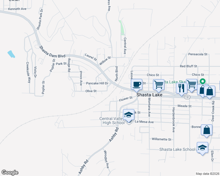 map of restaurants, bars, coffee shops, grocery stores, and more near 1521 Givan Street in Shasta Lake