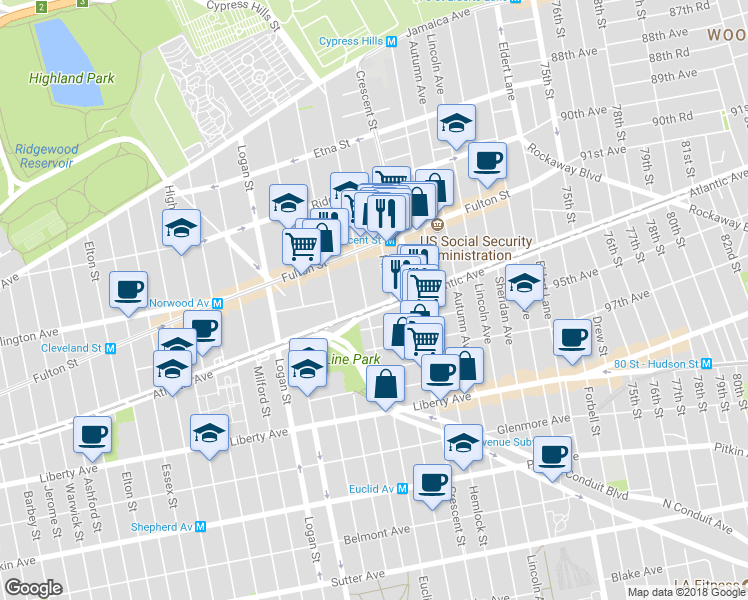 map of restaurants, bars, coffee shops, grocery stores, and more near 3329 Atlantic Avenue in Brooklyn