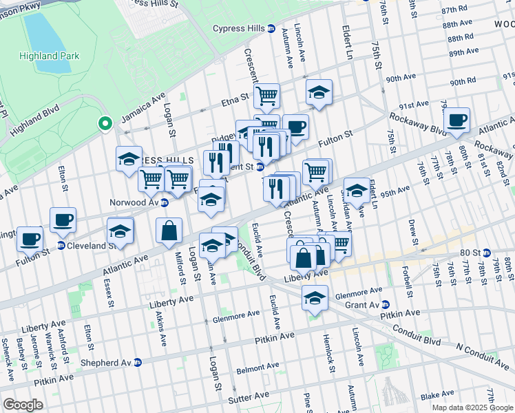 map of restaurants, bars, coffee shops, grocery stores, and more near 3329 Atlantic Avenue in Brooklyn