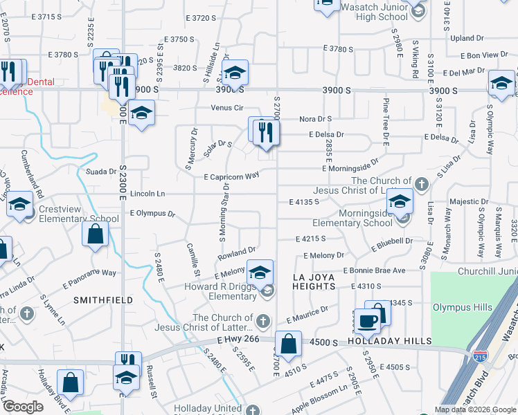 map of restaurants, bars, coffee shops, grocery stores, and more near 2651 Cecil Drive in Salt Lake City
