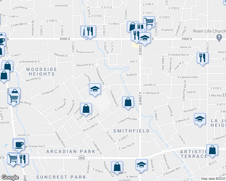 map of restaurants, bars, coffee shops, grocery stores, and more near 4149 Cumberland Road in Holladay
