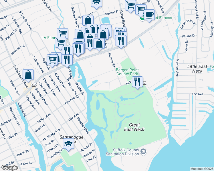 map of restaurants, bars, coffee shops, grocery stores, and more near 43 Commodore Lane in West Babylon