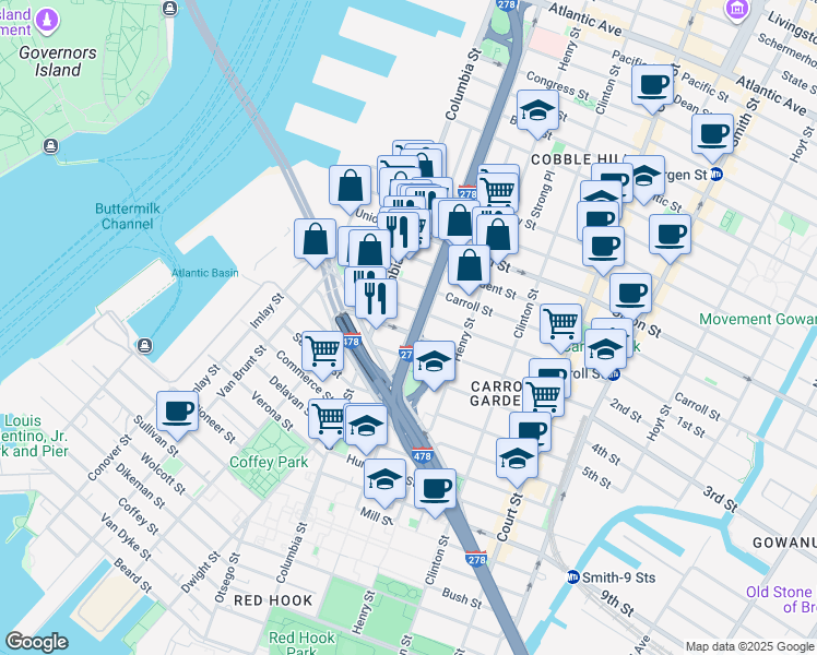 map of restaurants, bars, coffee shops, grocery stores, and more near 53 Woodhull Street in Brooklyn