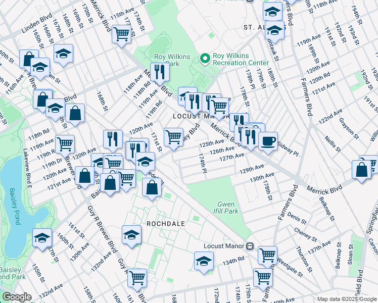 map of restaurants, bars, coffee shops, grocery stores, and more near 172-18 125th Avenue in Queens