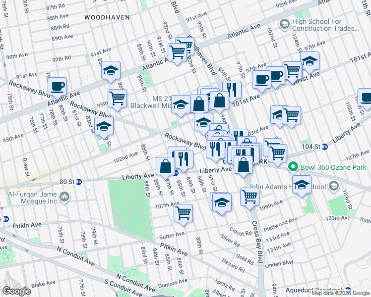 map of restaurants, bars, coffee shops, grocery stores, and more near 89-20 102nd Road in Queens