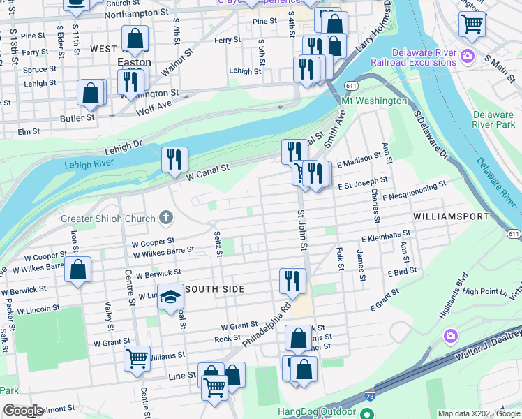 map of restaurants, bars, coffee shops, grocery stores, and more near 301 West Nesquehoning Street in Easton