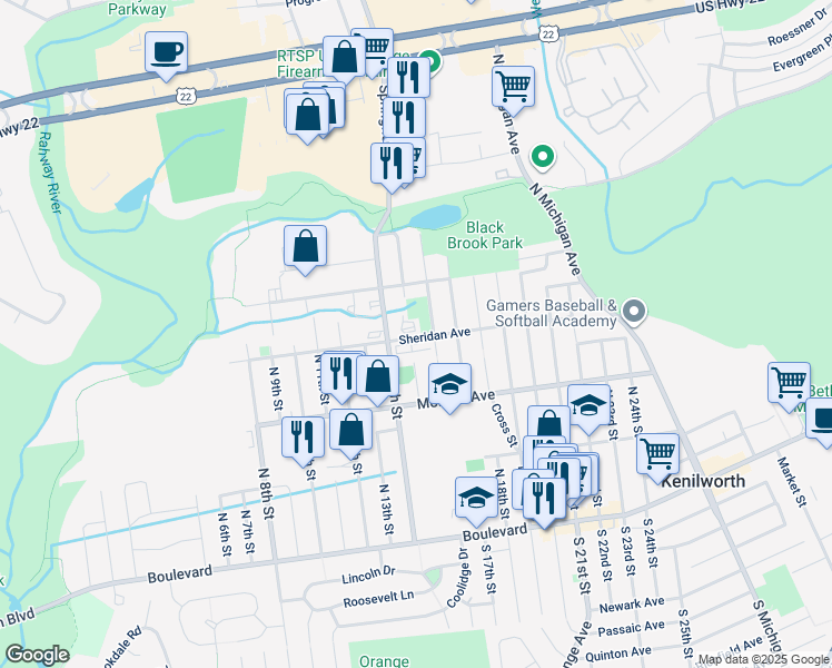 map of restaurants, bars, coffee shops, grocery stores, and more near 301 North 15th Street in Kenilworth