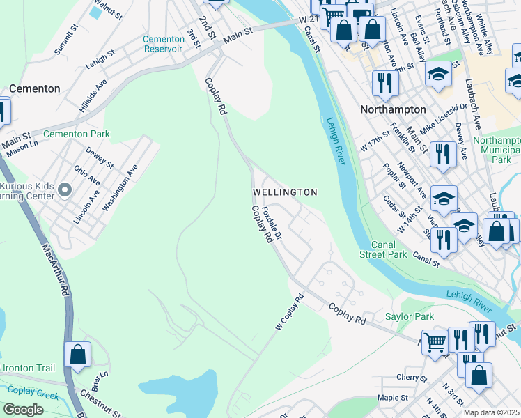 map of restaurants, bars, coffee shops, grocery stores, and more near 5037 Foxdale Drive in Lehigh County