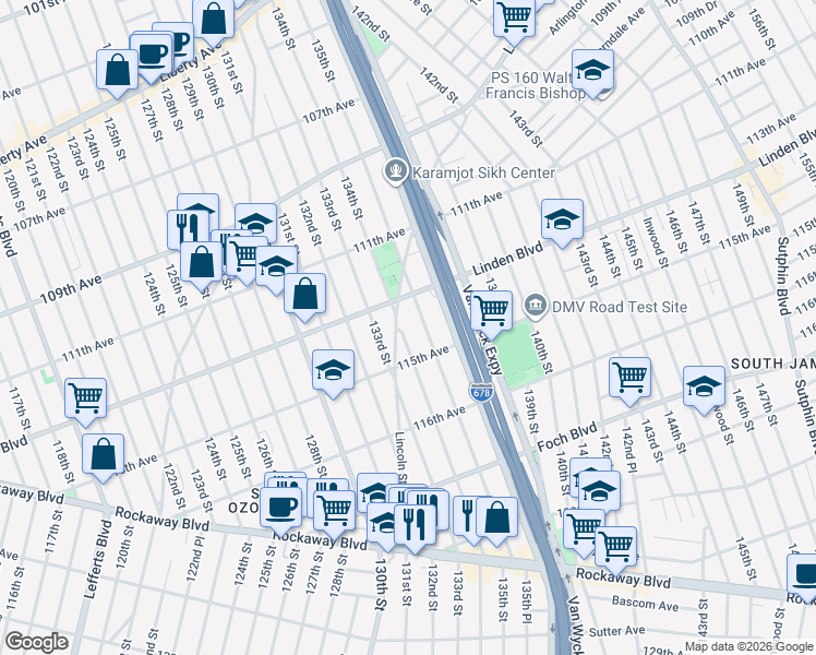 map of restaurants, bars, coffee shops, grocery stores, and more near 114-27 134th Street in Queens