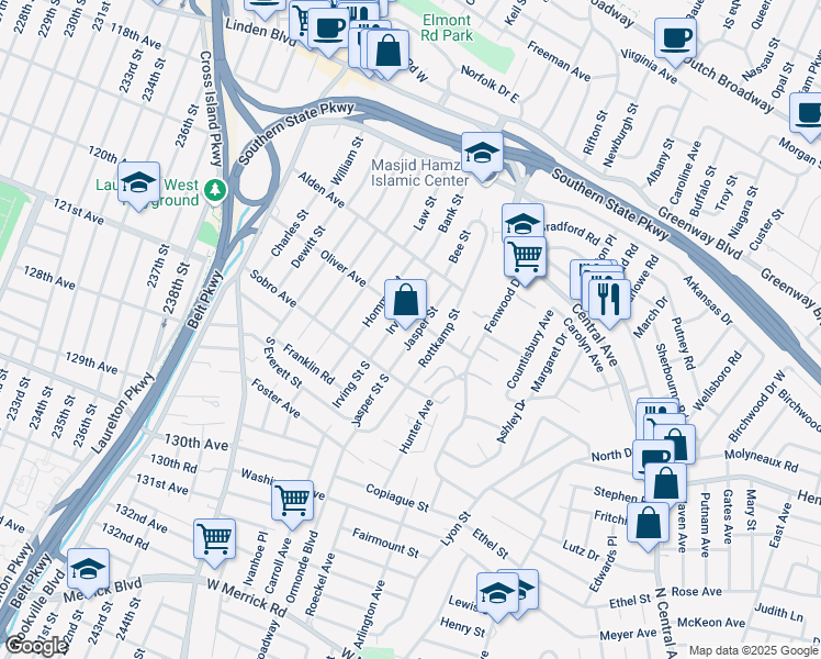 map of restaurants, bars, coffee shops, grocery stores, and more near 29 Jasper Street in Valley Stream
