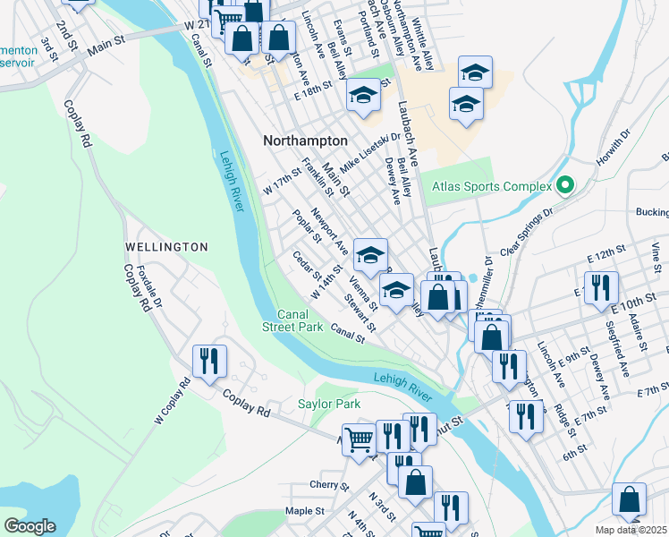 map of restaurants, bars, coffee shops, grocery stores, and more near 131 West 14th Street in Northampton
