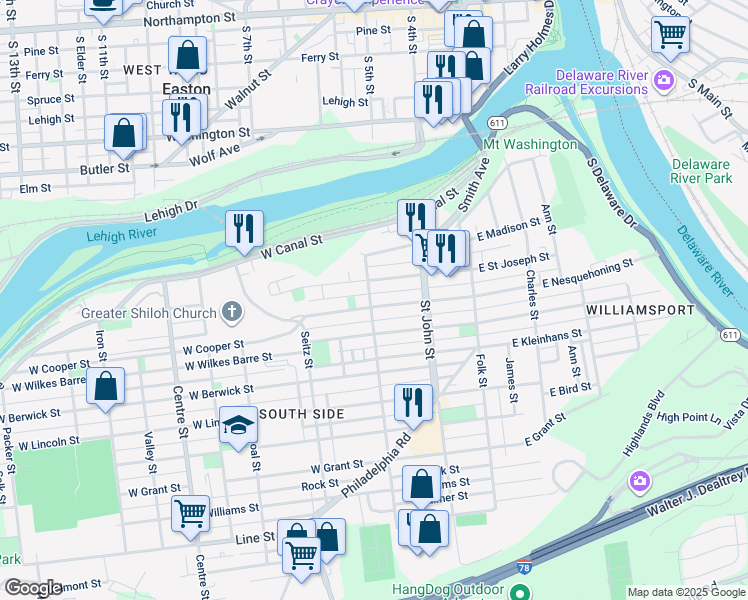 map of restaurants, bars, coffee shops, grocery stores, and more near 285 West Nesquehoning Street in Easton