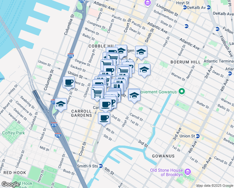 map of restaurants, bars, coffee shops, grocery stores, and more near 286 President Street in Brooklyn