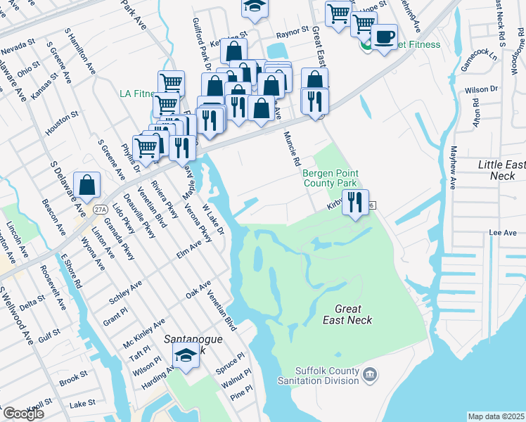 map of restaurants, bars, coffee shops, grocery stores, and more near 163 Milligan Road in West Babylon