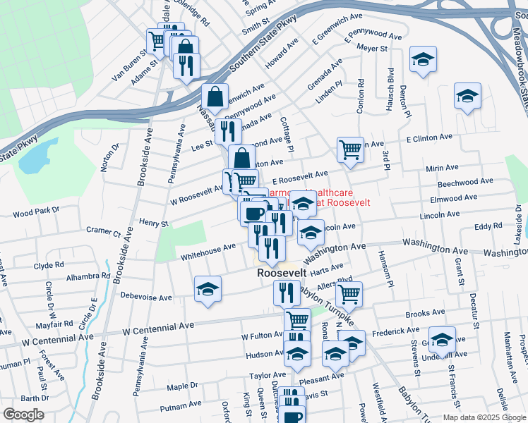 map of restaurants, bars, coffee shops, grocery stores, and more near 11 Anna Ave in Roosevelt