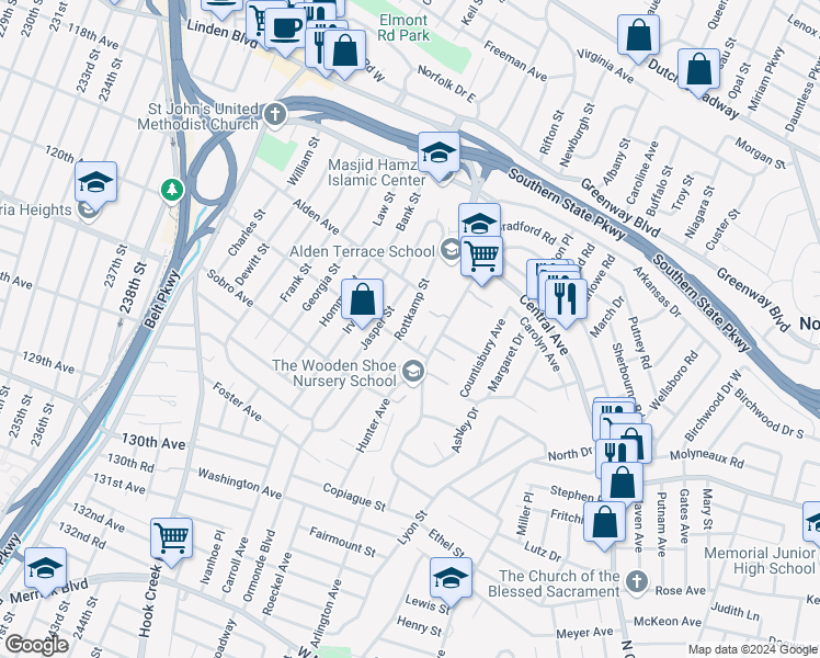 map of restaurants, bars, coffee shops, grocery stores, and more near 1009 Rottkamp Street in Valley Stream