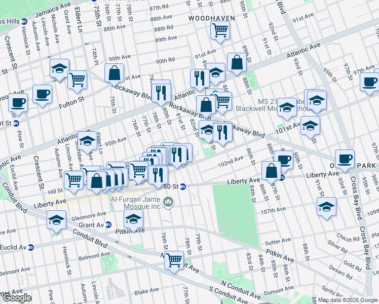map of restaurants, bars, coffee shops, grocery stores, and more near 97-34 81st Street in Queens