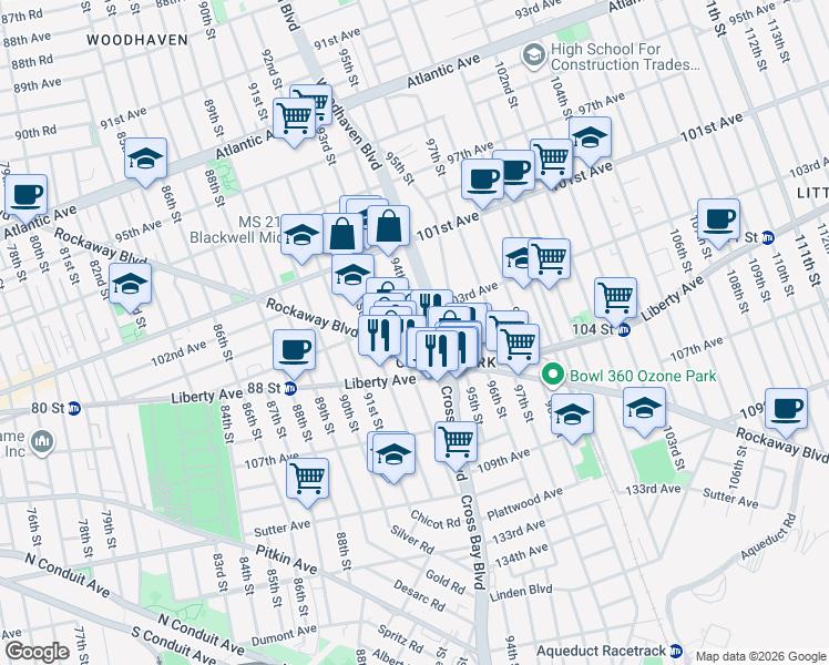 map of restaurants, bars, coffee shops, grocery stores, and more near 103-14 94th Street in Queens