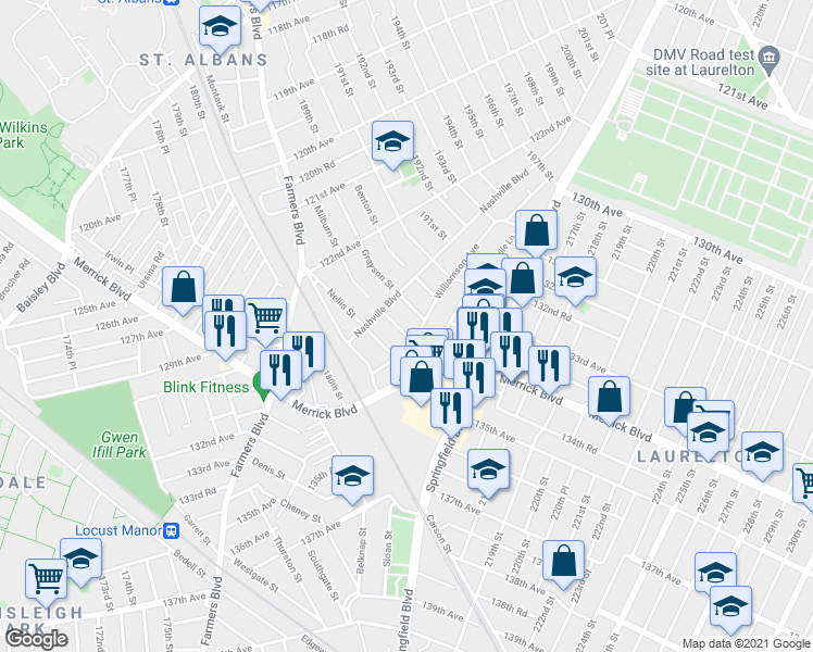 map of restaurants, bars, coffee shops, grocery stores, and more near 123-27 Milburn Street in Queens
