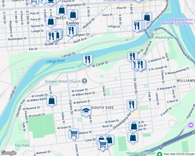 map of restaurants, bars, coffee shops, grocery stores, and more near 424 West Saint Joseph Street in Easton