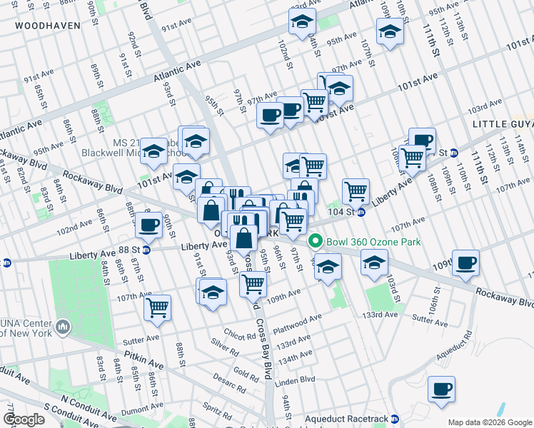 map of restaurants, bars, coffee shops, grocery stores, and more near 103-37 96th Street in Queens