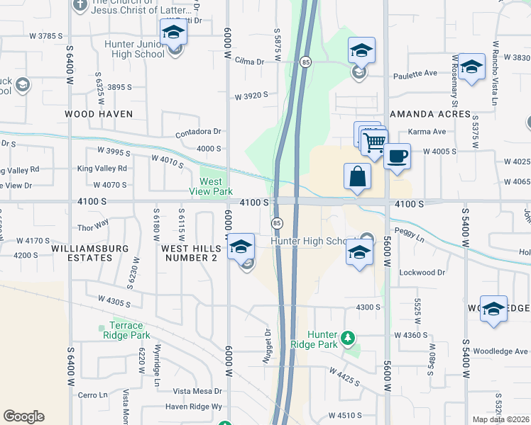 map of restaurants, bars, coffee shops, grocery stores, and more near 4121 Rushford Ct in Salt Lake City