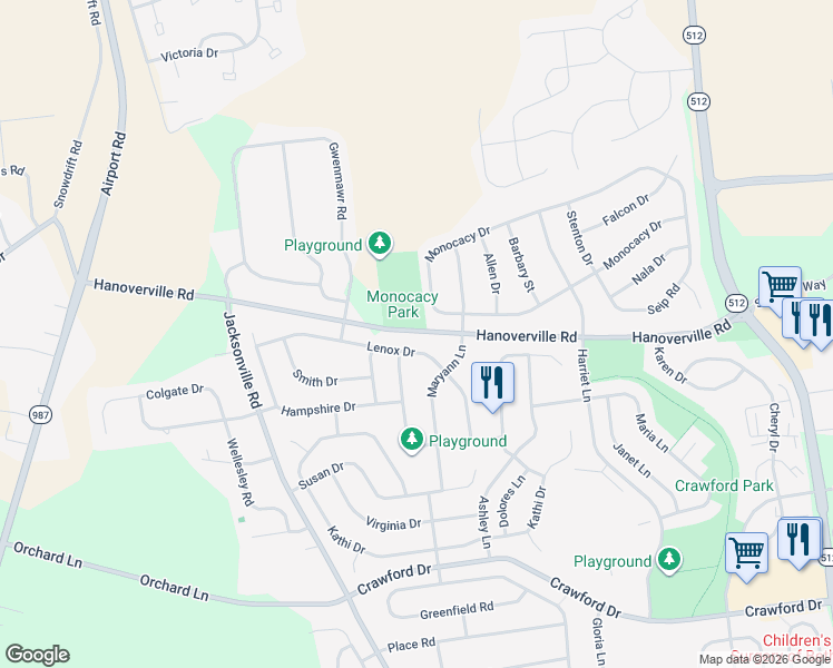 map of restaurants, bars, coffee shops, grocery stores, and more near 5865 Hanoverville Road in Bethlehem