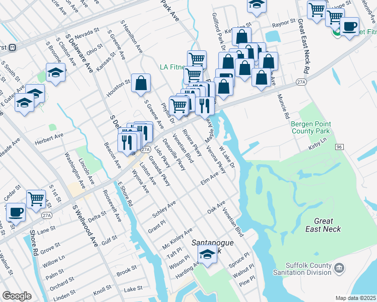 map of restaurants, bars, coffee shops, grocery stores, and more near 24 Venetian Boulevard in Lindenhurst