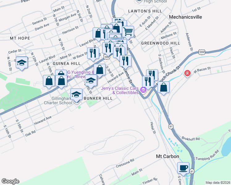 map of restaurants, bars, coffee shops, grocery stores, and more near 243 Pierce Street in Pottsville