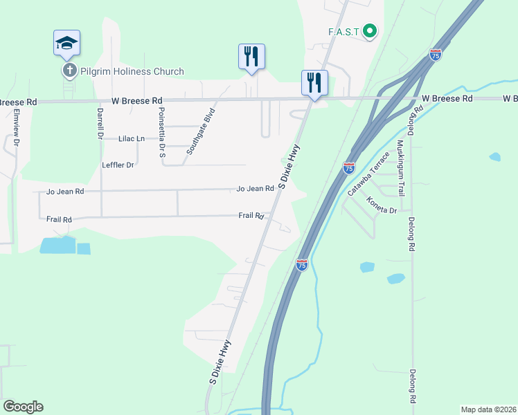 map of restaurants, bars, coffee shops, grocery stores, and more near 1610 Frail Road in Cridersville