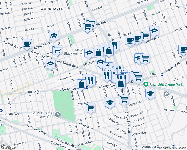 map of restaurants, bars, coffee shops, grocery stores, and more near 90-2 102nd Road in Queens