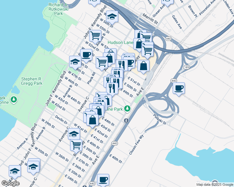 map of restaurants, bars, coffee shops, grocery stores, and more near 990 Broadway in Bayonne