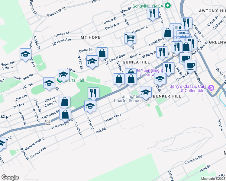 map of restaurants, bars, coffee shops, grocery stores, and more near 1218 West Market Street in Pottsville