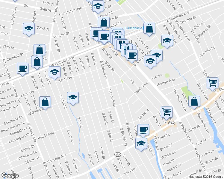 map of restaurants, bars, coffee shops, grocery stores, and more near 314 South Broadway in Lindenhurst