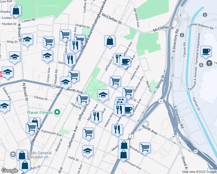 map of restaurants, bars, coffee shops, grocery stores, and more near 841 Madison Avenue in Elizabeth