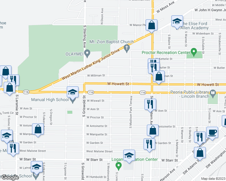 map of restaurants, bars, coffee shops, grocery stores, and more near 2213 West Lincoln Avenue in Peoria