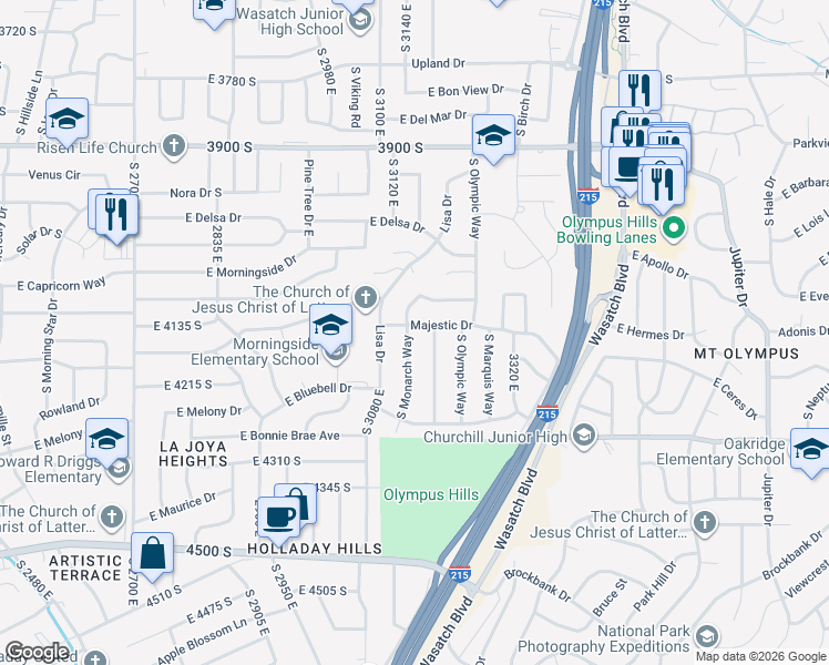 map of restaurants, bars, coffee shops, grocery stores, and more near 4141 South Monarch Way in Salt Lake City