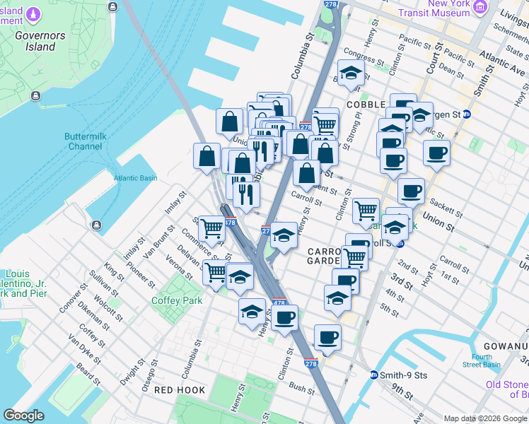 map of restaurants, bars, coffee shops, grocery stores, and more near 47 Woodhull Street in Brooklyn