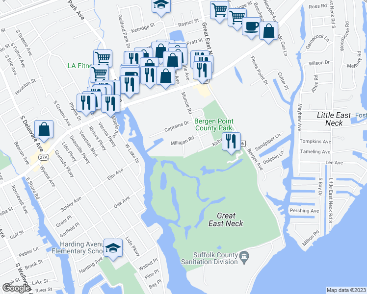 map of restaurants, bars, coffee shops, grocery stores, and more near 24 Commodore Lane in West Babylon