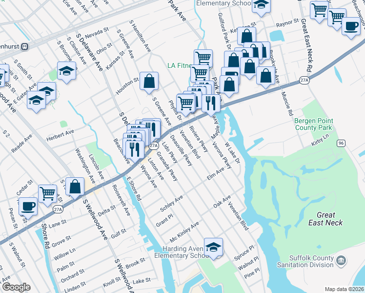 map of restaurants, bars, coffee shops, grocery stores, and more near 18 Deauville Parkway in Lindenhurst