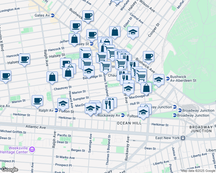 map of restaurants, bars, coffee shops, grocery stores, and more near 379 Marion Street in Brooklyn