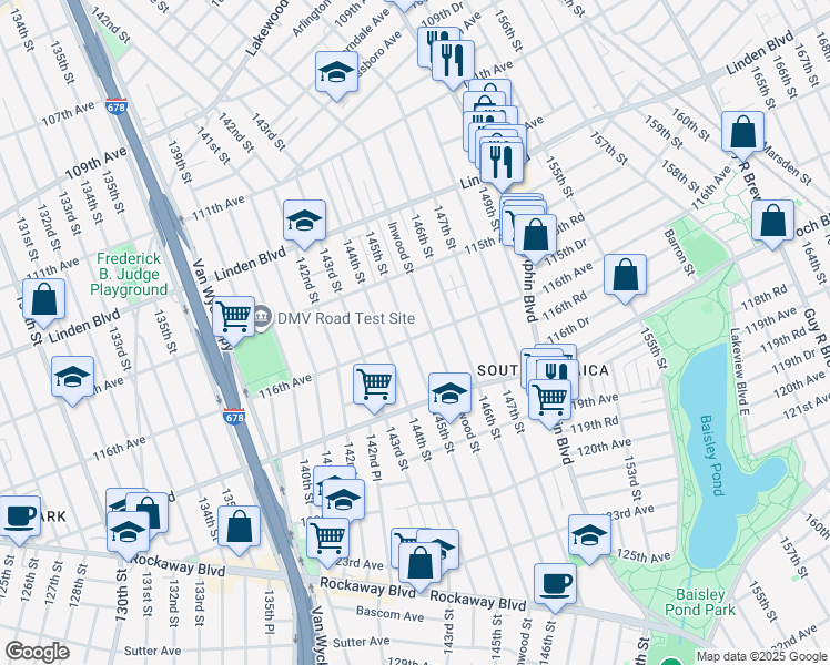 map of restaurants, bars, coffee shops, grocery stores, and more near 145-01 116th Avenue in Queens