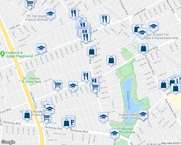 map of restaurants, bars, coffee shops, grocery stores, and more near 11632 Sutphin Boulevard in Queens