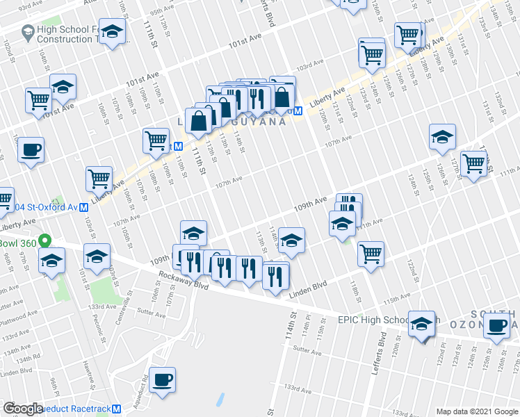 map of restaurants, bars, coffee shops, grocery stores, and more near 107-58 114th Street in Queens