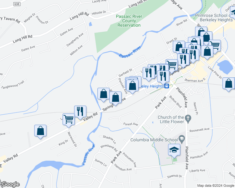 map of restaurants, bars, coffee shops, grocery stores, and more near 88 River Road in Berkeley Heights